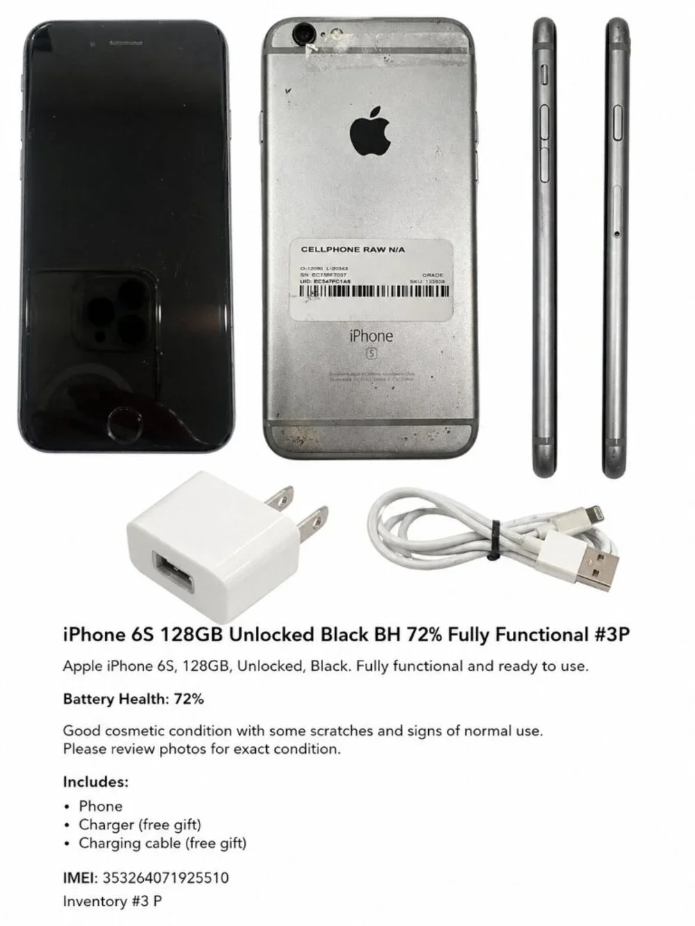 iPhone 6S 128GB Unlocked Black BH 72% Fully Functional #3P